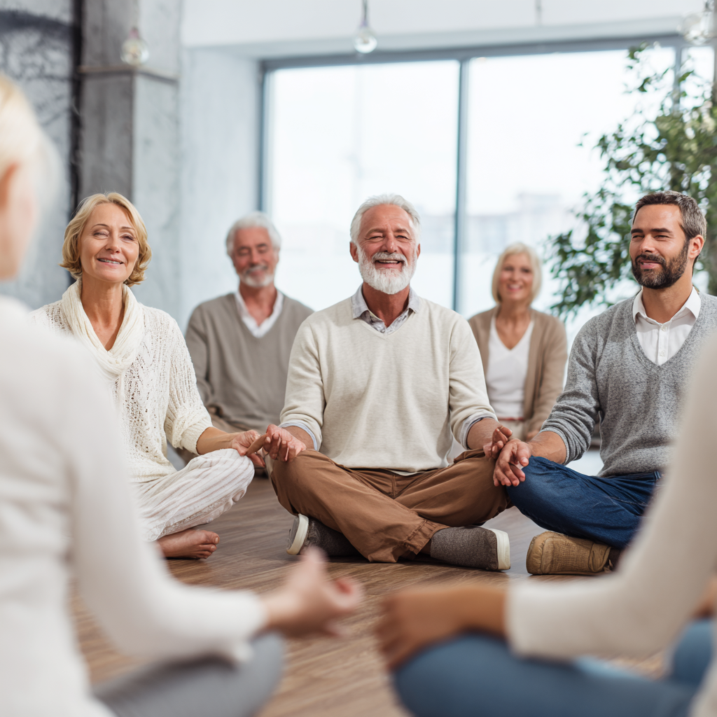 Group of middle-aged adults sitting in meditation circle, creating supportive community atmosphere